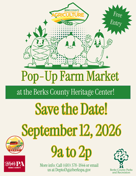 Flyer with event information and vegetable graphics